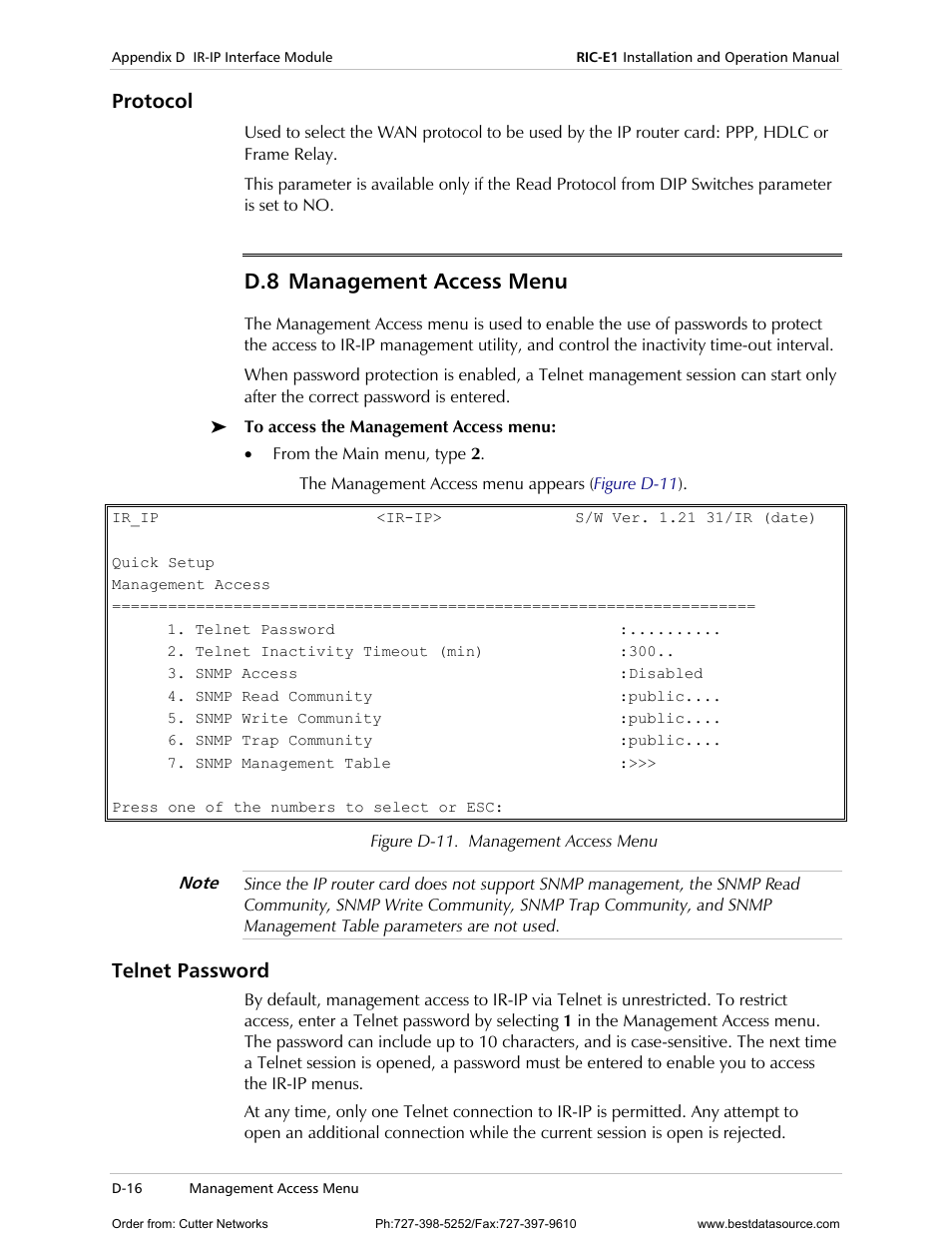 Protocol, Telnet password, Anagement | Ccess, D-16, See the, Management access menu, D.8 management access menu | RAD Data comm E1 Interface Converter RIC-E1 User Manual | Page 72 / 99