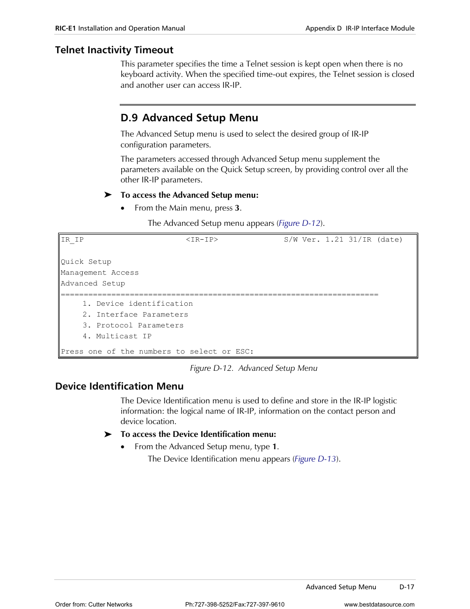 Telnet inactivity timeout, Device identification menu, Dvanced | Etup, D-17, See the, Advanced setup menu, D.9 advanced setup menu | RAD Data comm E1 Interface Converter RIC-E1 User Manual | Page 73 / 99