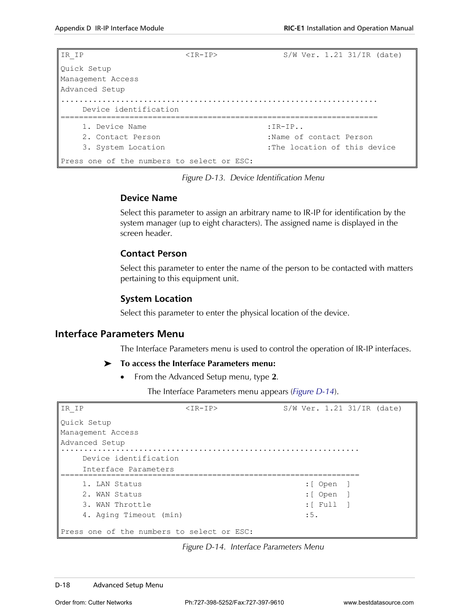 Device name, Contact person, System location | Interface parameters menu, Figure d-13 | RAD Data comm E1 Interface Converter RIC-E1 User Manual | Page 74 / 99