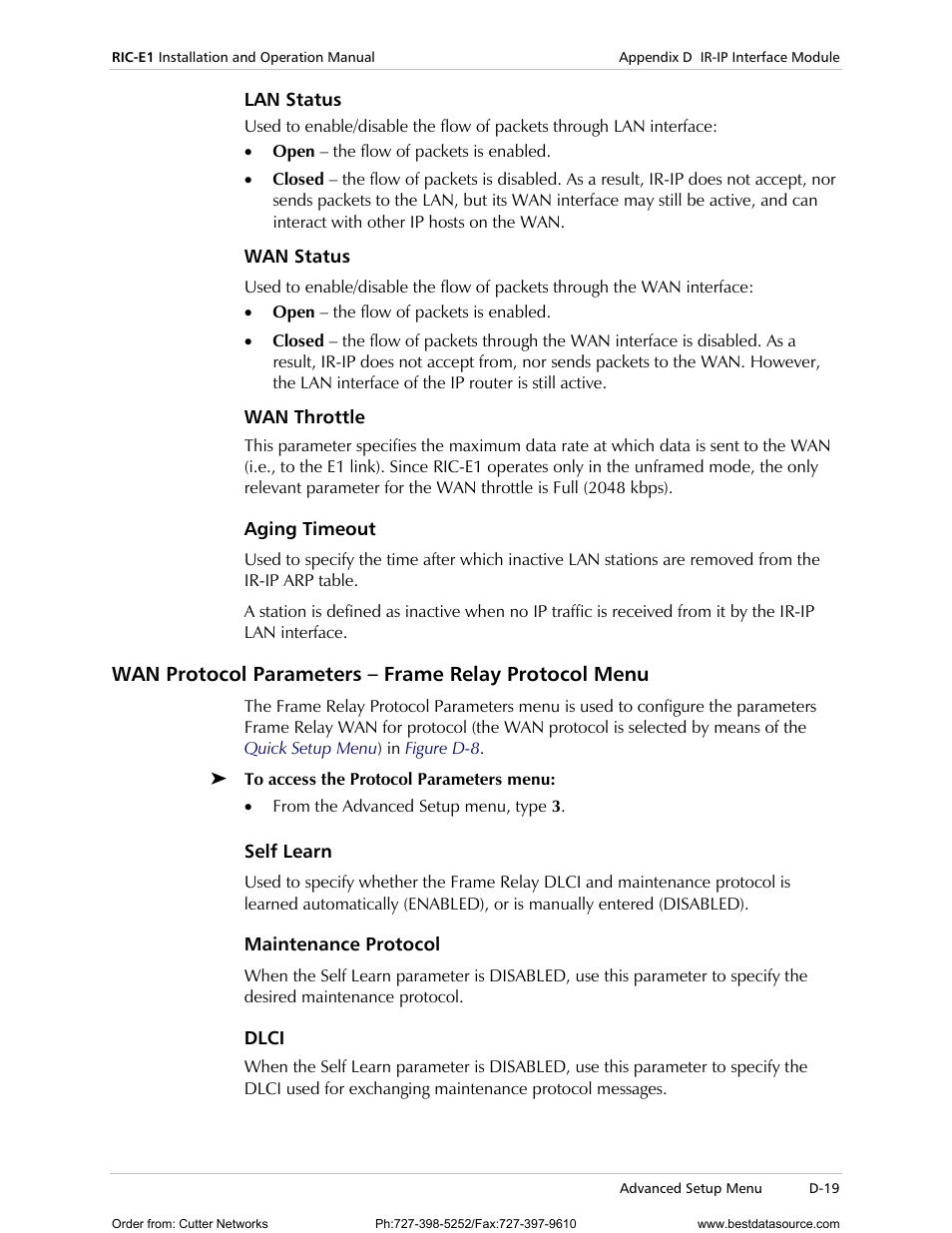 Lan status, Wan status, Wan throttle | Aging timeout, Wan protocol parameters – frame relay protocol me, Self learn, Maintenance protocol, Dlci | RAD Data comm E1 Interface Converter RIC-E1 User Manual | Page 75 / 99