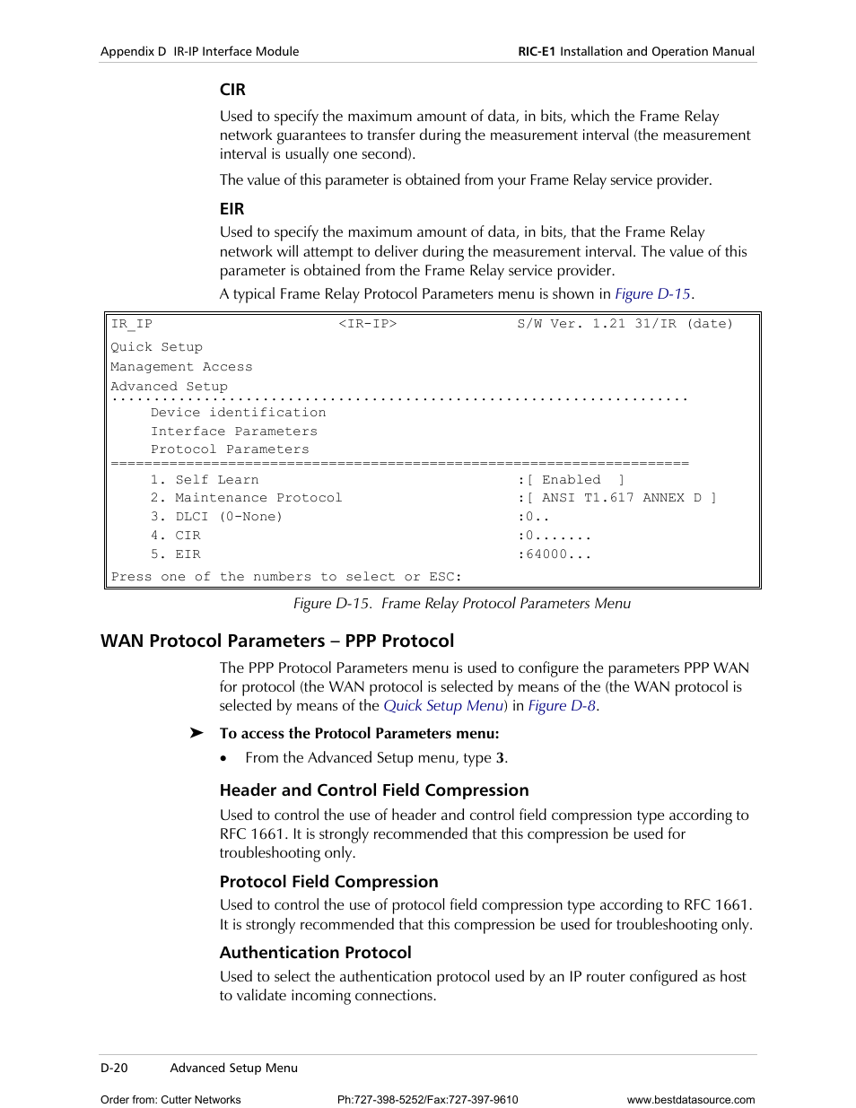 Wan protocol parameters – ppp protocol, Header and control field compression, Protocol field compression | Authentication protocol | RAD Data comm E1 Interface Converter RIC-E1 User Manual | Page 76 / 99