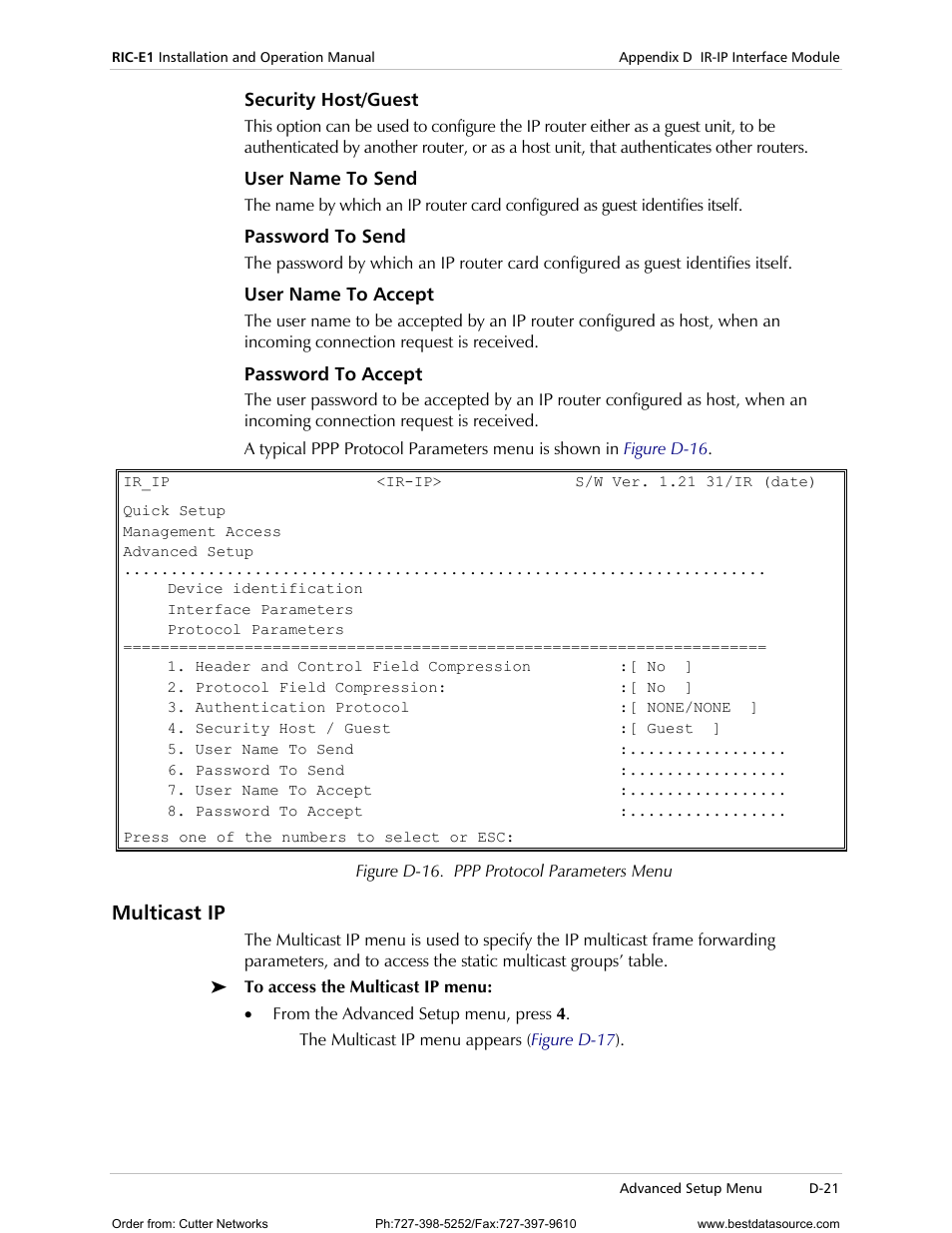 Security host/guest, User name to send, Password to send | User name to accept, Password to accept, Multicast ip | RAD Data comm E1 Interface Converter RIC-E1 User Manual | Page 77 / 99