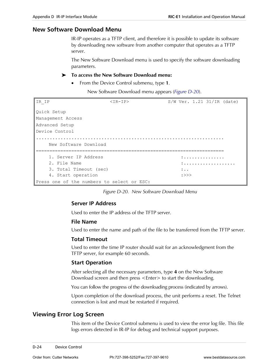 New software download menu, Server ip address, File name | Total timeout, Start operation, Viewing error log screen, In the, Section | RAD Data comm E1 Interface Converter RIC-E1 User Manual | Page 80 / 99