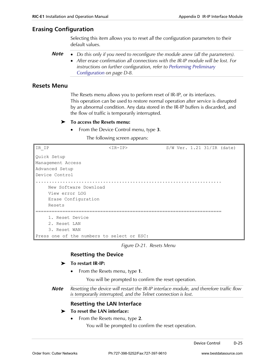 Erasing configuration, Resets menu, Resetting the device | Resetting the lan interface | RAD Data comm E1 Interface Converter RIC-E1 User Manual | Page 81 / 99