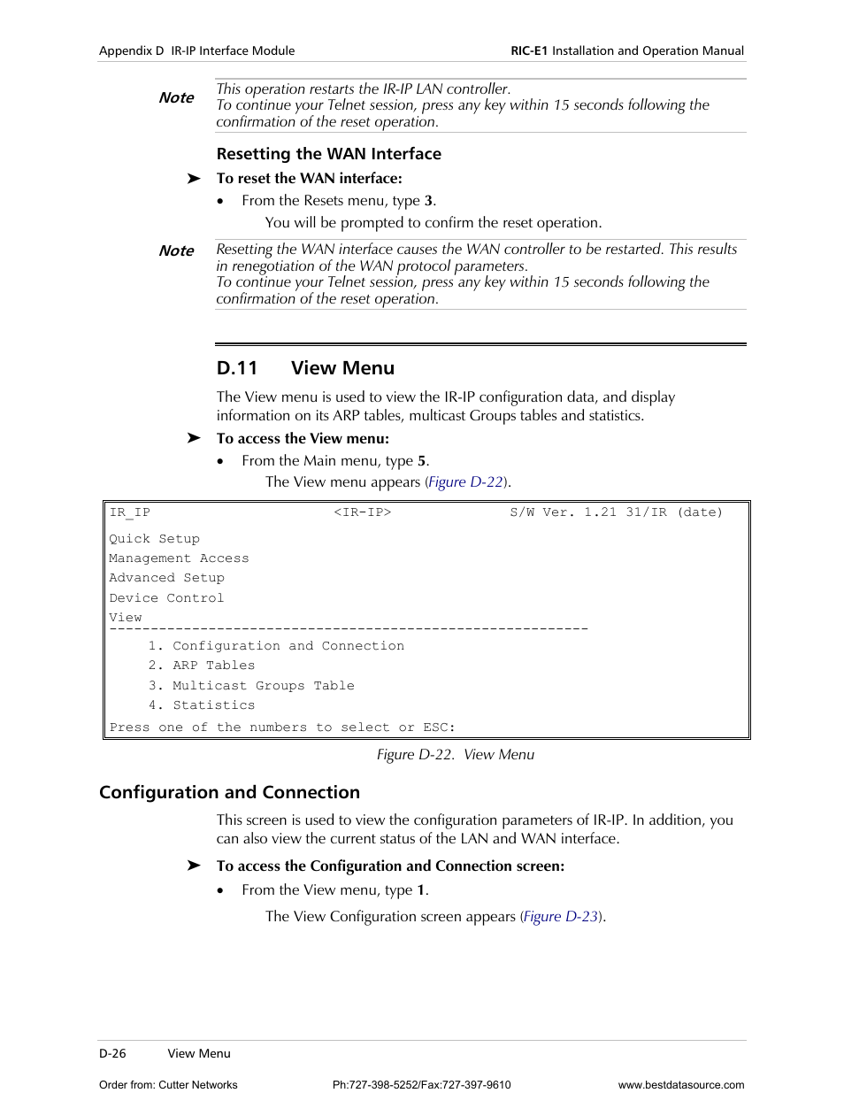 Resetting the wan interface, Configuration and connection, D.11 | D-26, D.11 view menu | RAD Data comm E1 Interface Converter RIC-E1 User Manual | Page 82 / 99