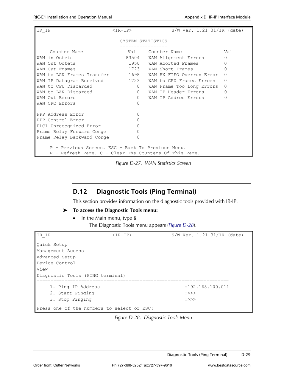 D.12, Iagnostic, Ools | Erminal, D-29, Figure d-27, D.12 diagnostic tools (ping terminal) | RAD Data comm E1 Interface Converter RIC-E1 User Manual | Page 85 / 99