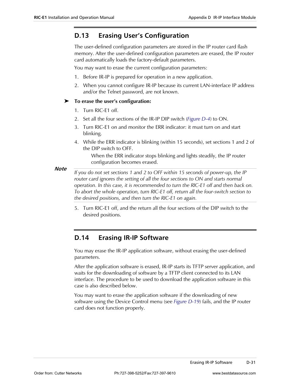 D.13, Rasing, Onfiguration | D-31, D.14, Ir-ip s, Oftware, Procedure given in the, Erasing, User’s configuration | RAD Data comm E1 Interface Converter RIC-E1 User Manual | Page 87 / 99