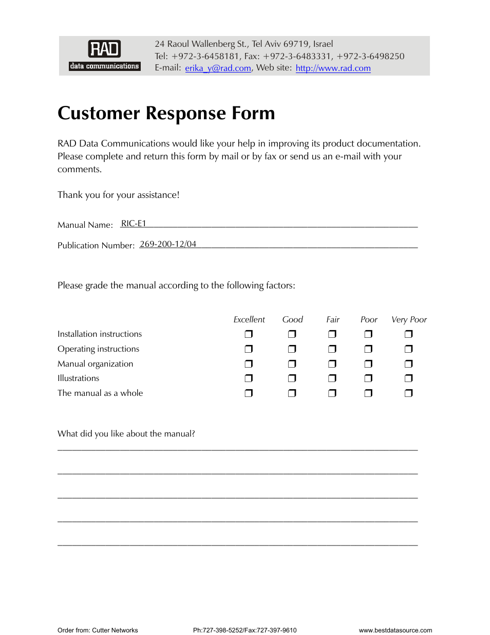 Customer response form | RAD Data comm E1 Interface Converter RIC-E1 User Manual | Page 96 / 99