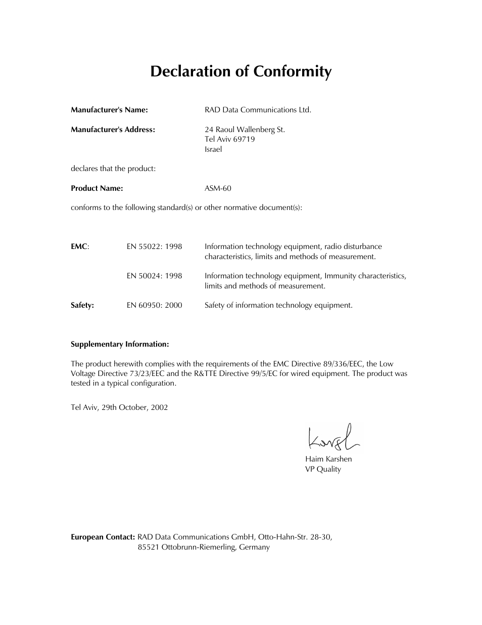 Declaration of conformity | RAD Data comm 4-Wire Symmetrical VDSL Modem ASM-60 User Manual | Page 11 / 90