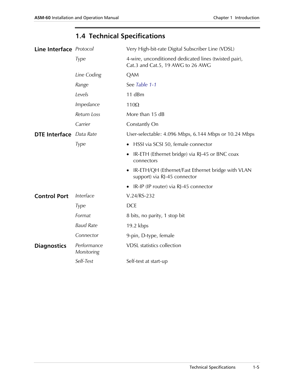 Technical specifications, 4 technical specifications | RAD Data comm 4-Wire Symmetrical VDSL Modem ASM-60 User Manual | Page 23 / 90