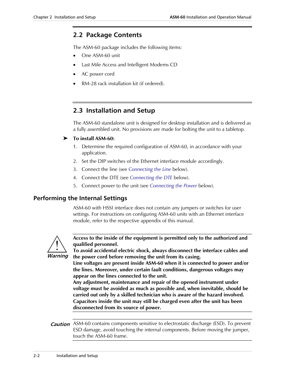 Package contents, Installation and setup, Performing the internal settings | 2 package contents, 3 installation and setup | RAD Data comm 4-Wire Symmetrical VDSL Modem ASM-60 User Manual | Page 26 / 90