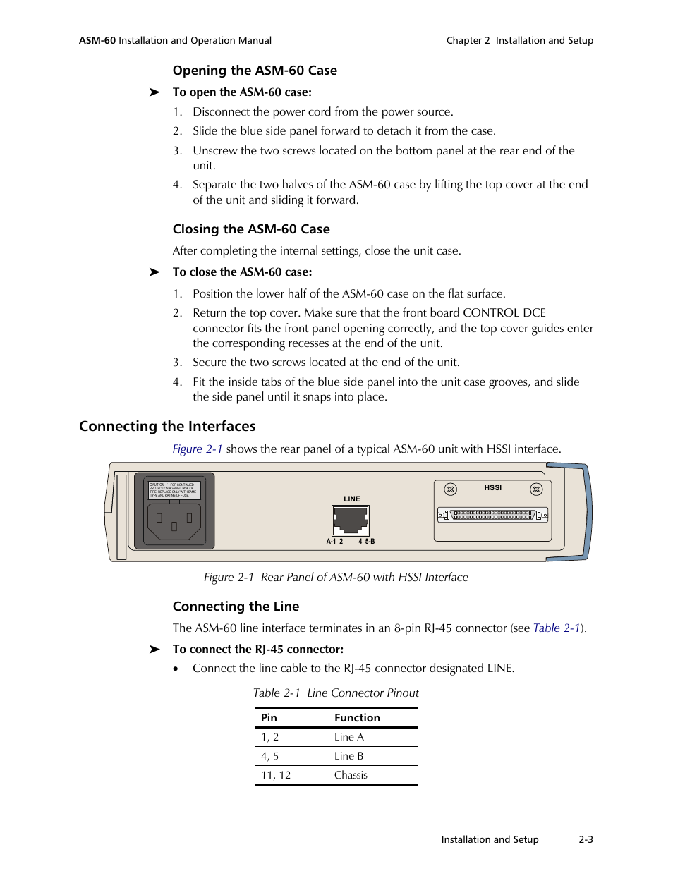 Opening the asm-60 case, Closing the asm-60 case, Connecting the interfaces | Connecting the line, Below) | RAD Data comm 4-Wire Symmetrical VDSL Modem ASM-60 User Manual | Page 27 / 90