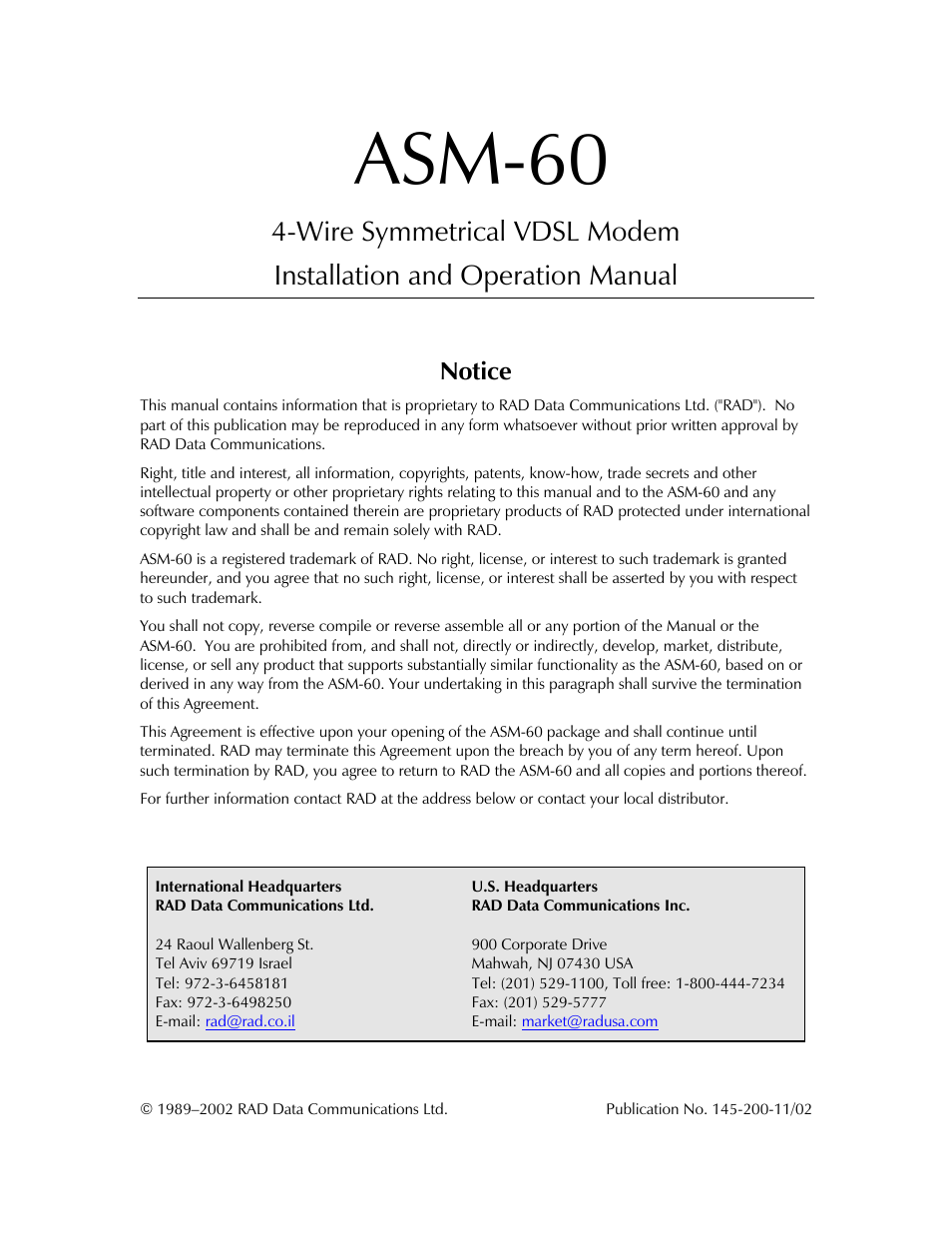 Asm-60, Notice | RAD Data comm 4-Wire Symmetrical VDSL Modem ASM-60 User Manual | Page 3 / 90