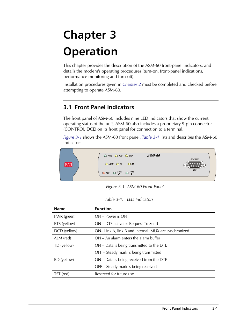 Chapter 3. operation, Front panel indicators, Chapter 3 | Refer to, For the, Chapter 3 operation, 1 front panel indicators | RAD Data comm 4-Wire Symmetrical VDSL Modem ASM-60 User Manual | Page 31 / 90