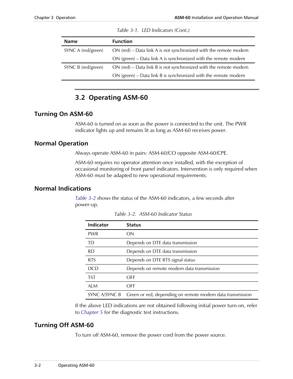 Operating asm-60, Turning on asm-60, Normal operation | Normal indications, Turning off asm-60, 2 operating asm-60 | RAD Data comm 4-Wire Symmetrical VDSL Modem ASM-60 User Manual | Page 32 / 90