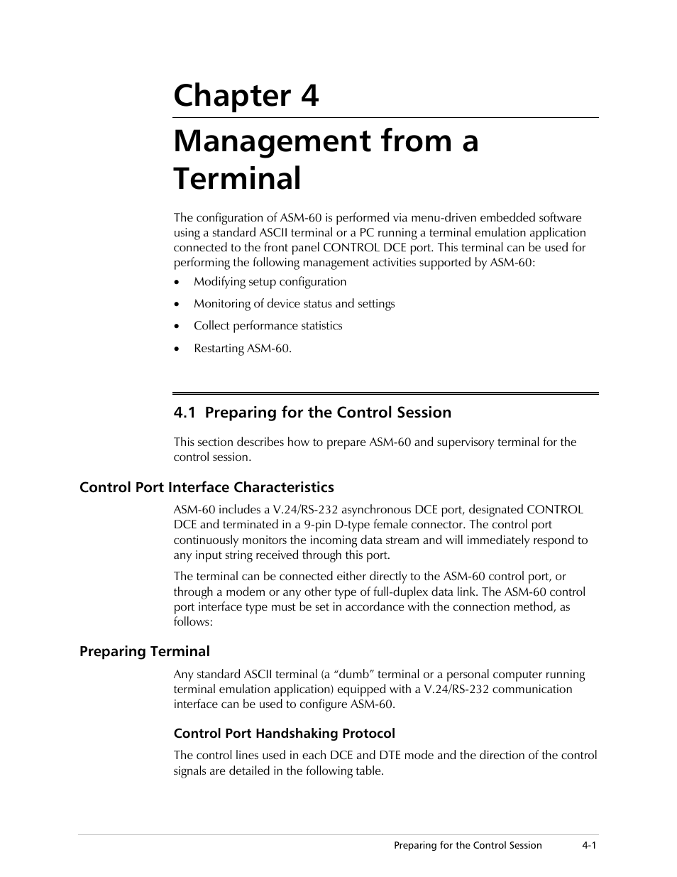 Chapter 4. management from a terminal, Preparing for the control session, Control port interface characteristics | Preparing terminal, Control port handshaking protocol, Refer to, Chapter 4, For the, Chapter 4 management from a terminal | RAD Data comm 4-Wire Symmetrical VDSL Modem ASM-60 User Manual | Page 33 / 90