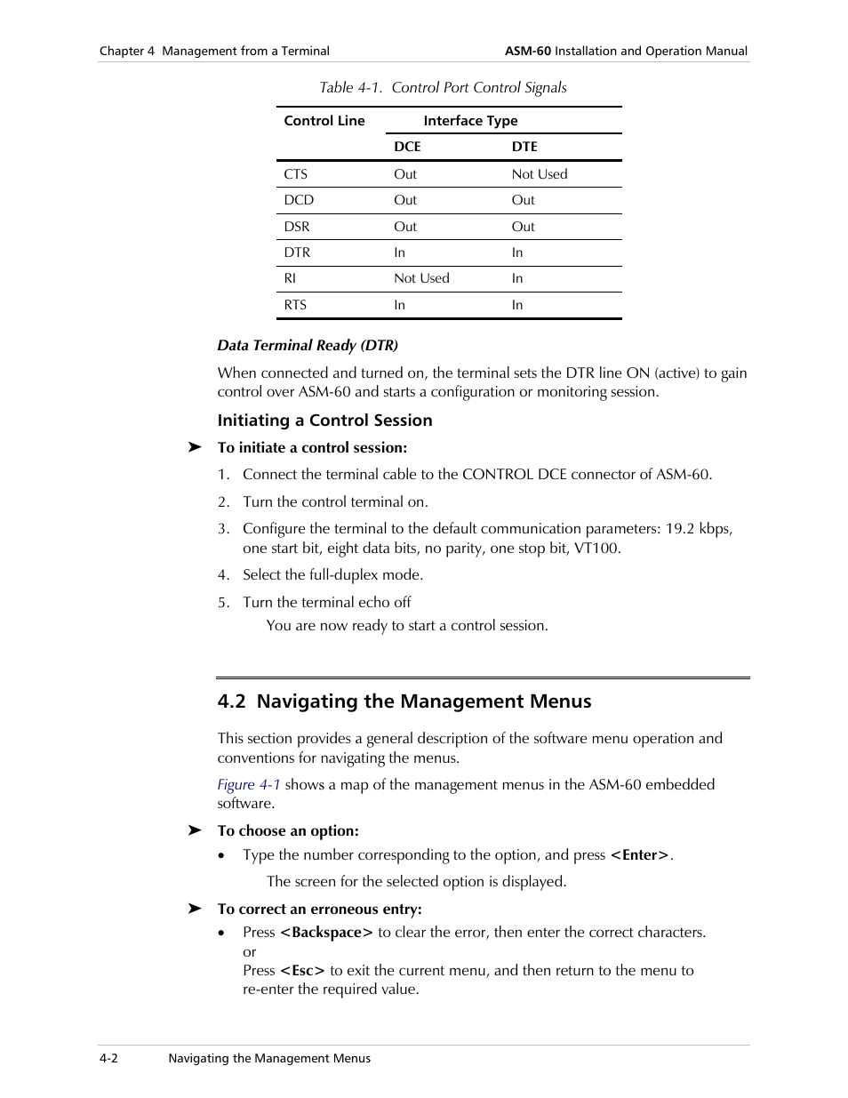 Initiating a control session, 2 navigating the management menus | RAD Data comm 4-Wire Symmetrical VDSL Modem ASM-60 User Manual | Page 34 / 90