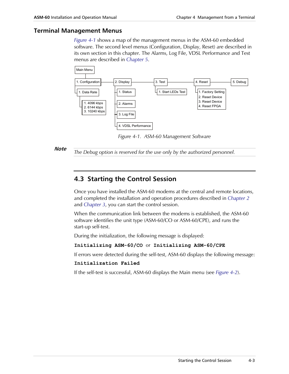 Terminal management menus, Starting the control session, 3 starting the control session | RAD Data comm 4-Wire Symmetrical VDSL Modem ASM-60 User Manual | Page 35 / 90