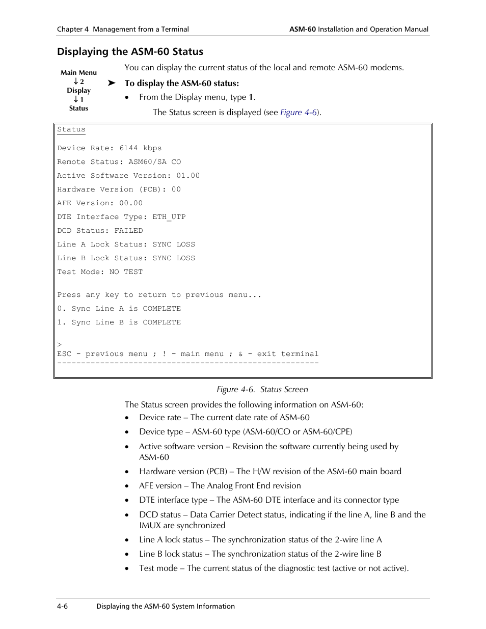 Displaying the asm-60 status | RAD Data comm 4-Wire Symmetrical VDSL Modem ASM-60 User Manual | Page 38 / 90