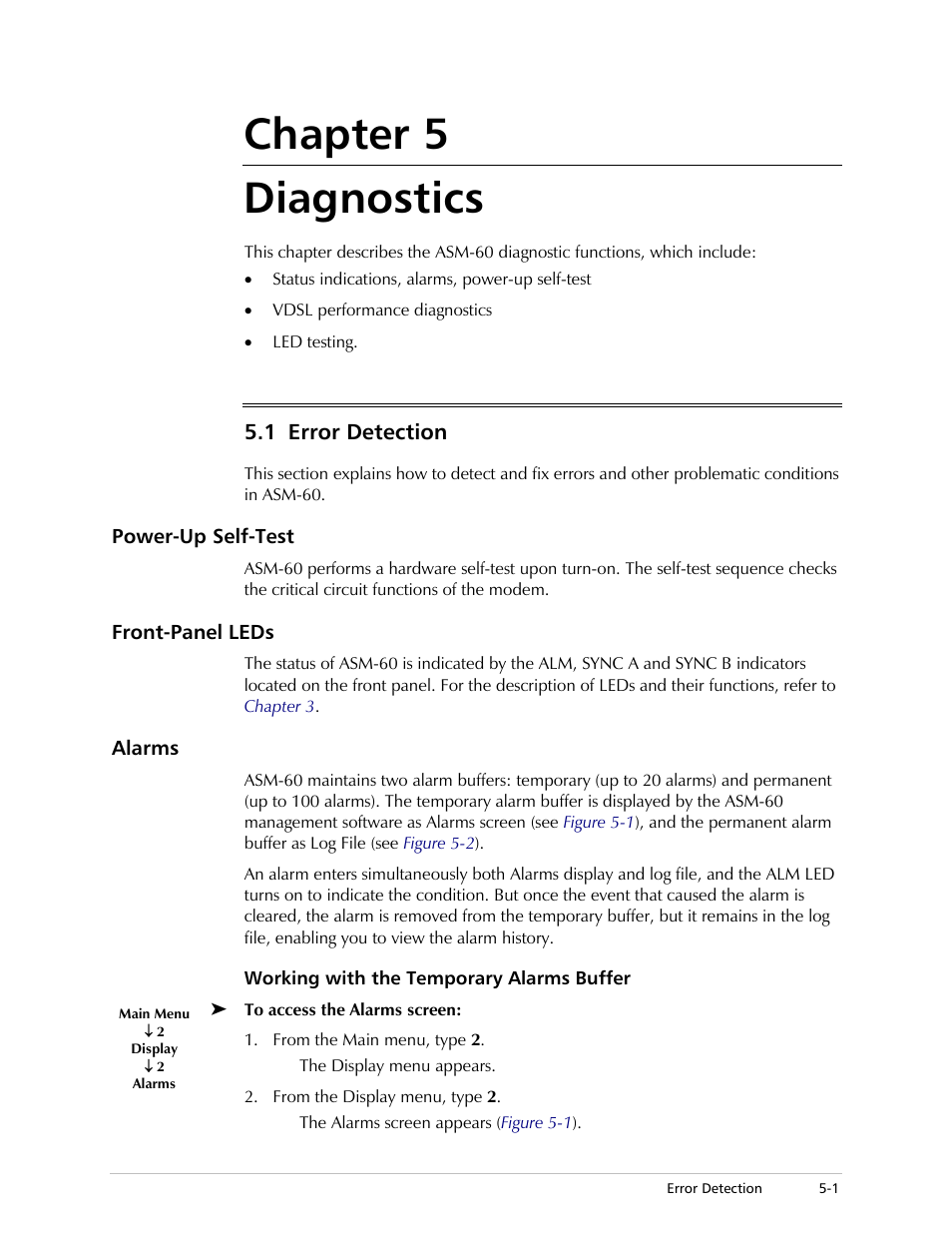 Chapter 5. diagnostics, Error detection, Power-up self-test | Front-panel leds, Alarms, Working with the temporary alarms buffer, Chapter 5, Chapter 5 diagnostics, 1 error detection | RAD Data comm 4-Wire Symmetrical VDSL Modem ASM-60 User Manual | Page 41 / 90