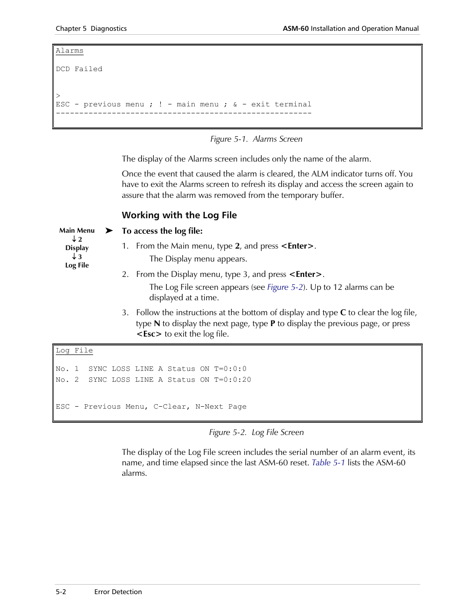 Working with the log file, Screen (see, Figure 5-1 | File (see, Figure 5-2, The alarms screen appears | RAD Data comm 4-Wire Symmetrical VDSL Modem ASM-60 User Manual | Page 42 / 90