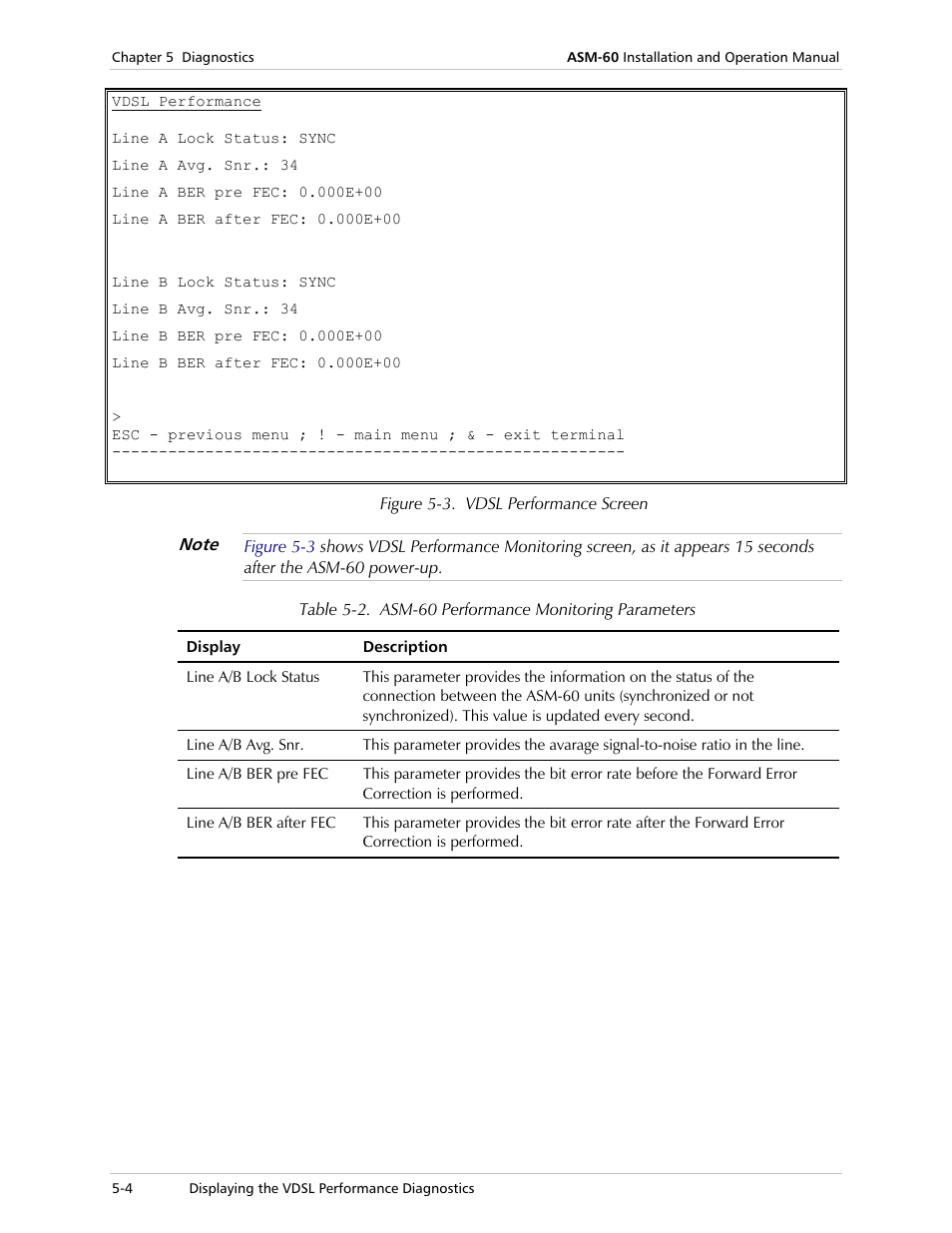 The vdsl performance screen appears (see, Figure 5-3, Table 5-2 | List | RAD Data comm 4-Wire Symmetrical VDSL Modem ASM-60 User Manual | Page 44 / 90