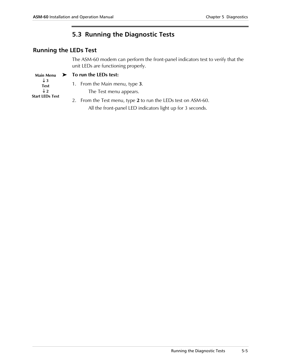 Running the diagnostic tests, Running the leds test, 3 running the diagnostic tests | RAD Data comm 4-Wire Symmetrical VDSL Modem ASM-60 User Manual | Page 45 / 90