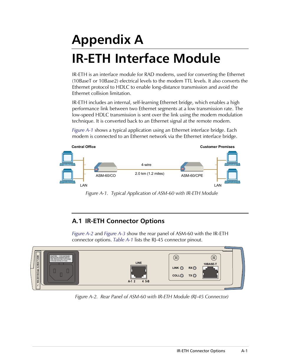 Appendix a. ir-eth interface module, Ir-eth connector options, Appendix a | Appendix a ir-eth interface module, A.1 ir-eth connector options | RAD Data comm 4-Wire Symmetrical VDSL Modem ASM-60 User Manual | Page 47 / 90