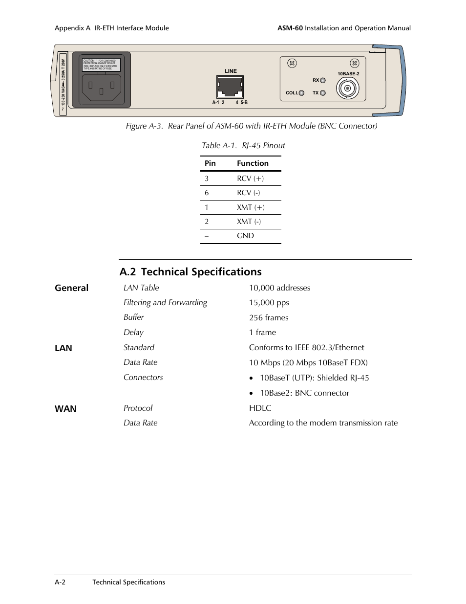 Technical specifications, Figure a-3, Table a-1 | Lists the, A.2 technical specifications, General | RAD Data comm 4-Wire Symmetrical VDSL Modem ASM-60 User Manual | Page 48 / 90