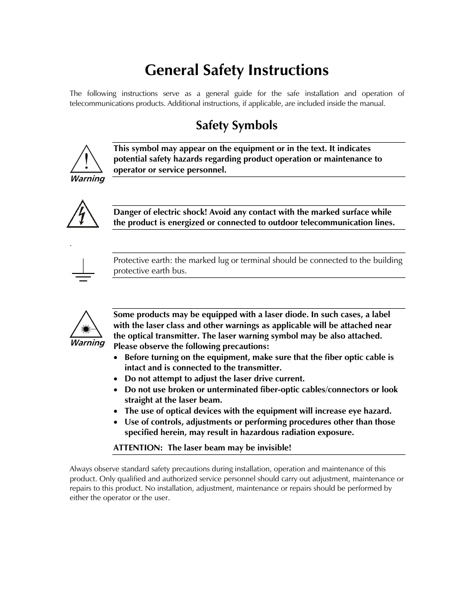 General safety instructions, Safety symbols | RAD Data comm 4-Wire Symmetrical VDSL Modem ASM-60 User Manual | Page 5 / 90