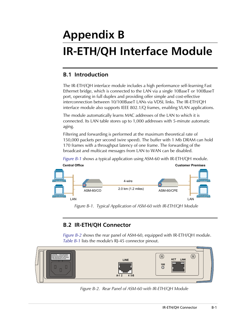 Appendix b. ir-eth/qh interface module, Introduction, Ir-eth/qh connector | Appendix b, Appendix b ir-eth/qh interface module, B.1 introduction, B.2 ir-eth/qh connector | RAD Data comm 4-Wire Symmetrical VDSL Modem ASM-60 User Manual | Page 51 / 90