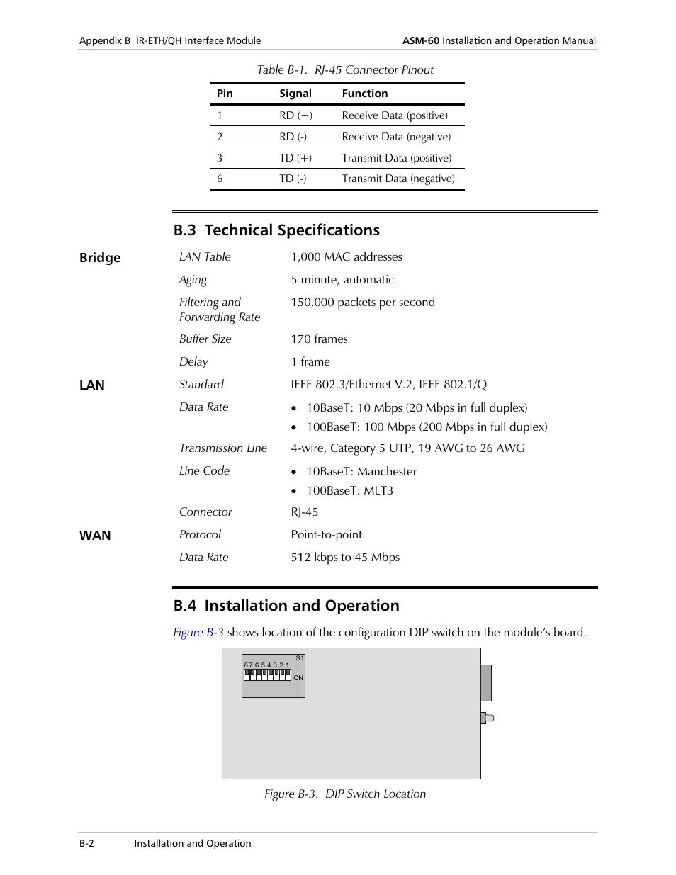 Technical specifications, Installation and operation, Table b-1 | B.3 technical specifications, B.4 installation and operation | RAD Data comm 4-Wire Symmetrical VDSL Modem ASM-60 User Manual | Page 52 / 90