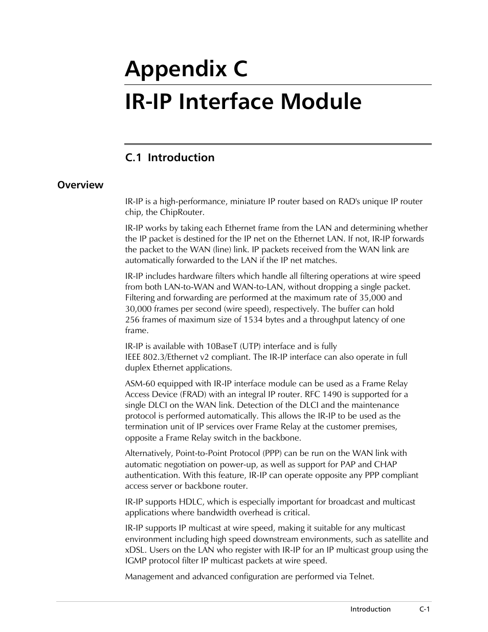 Appendix c. ir-ip interface module, Introduction, Overview | Appendix c, Appendix c ir-ip interface module | RAD Data comm 4-Wire Symmetrical VDSL Modem ASM-60 User Manual | Page 55 / 90