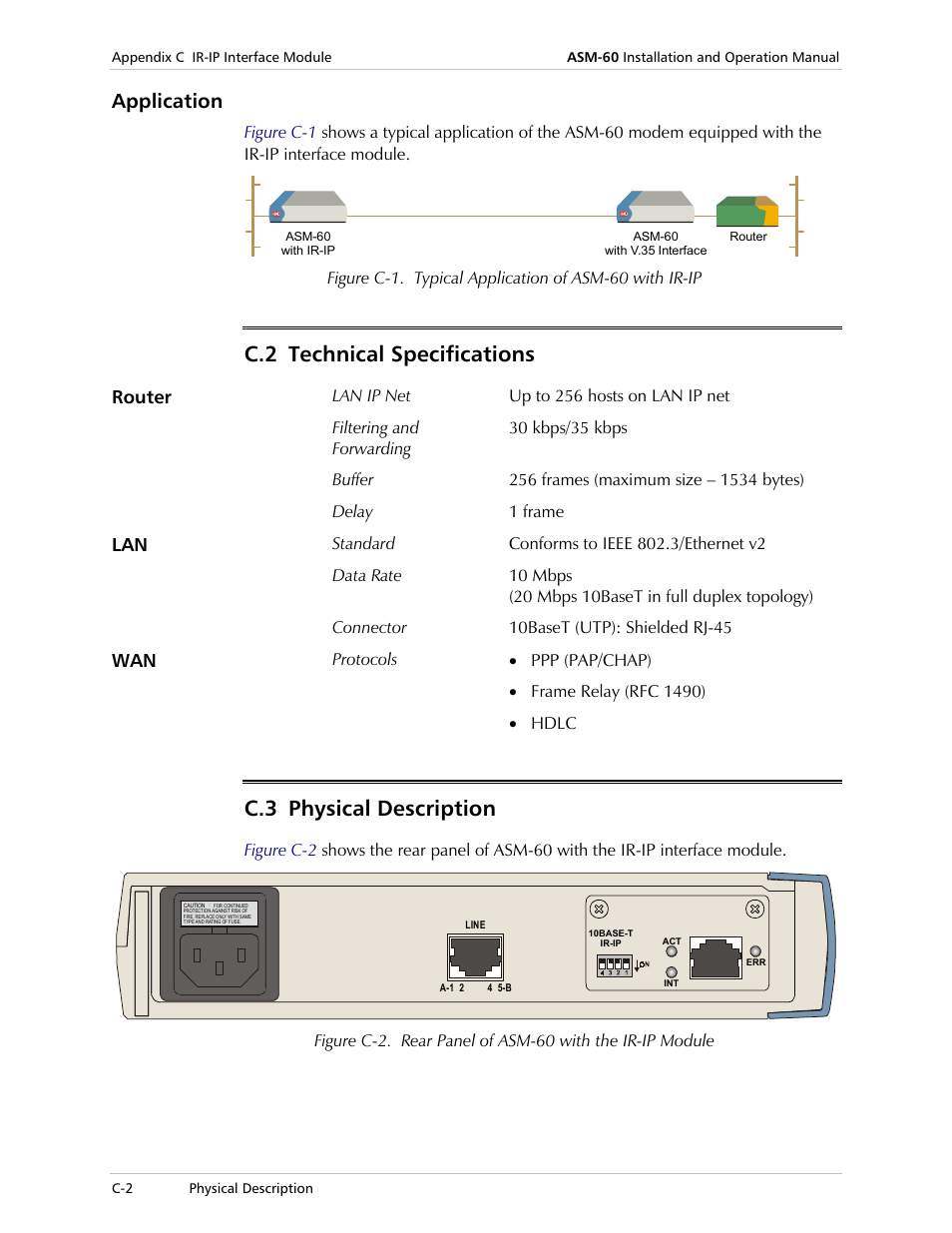 Application, Technical specifications, Physical description | C.2 technical specifications, C.3 physical description | RAD Data comm 4-Wire Symmetrical VDSL Modem ASM-60 User Manual | Page 56 / 90