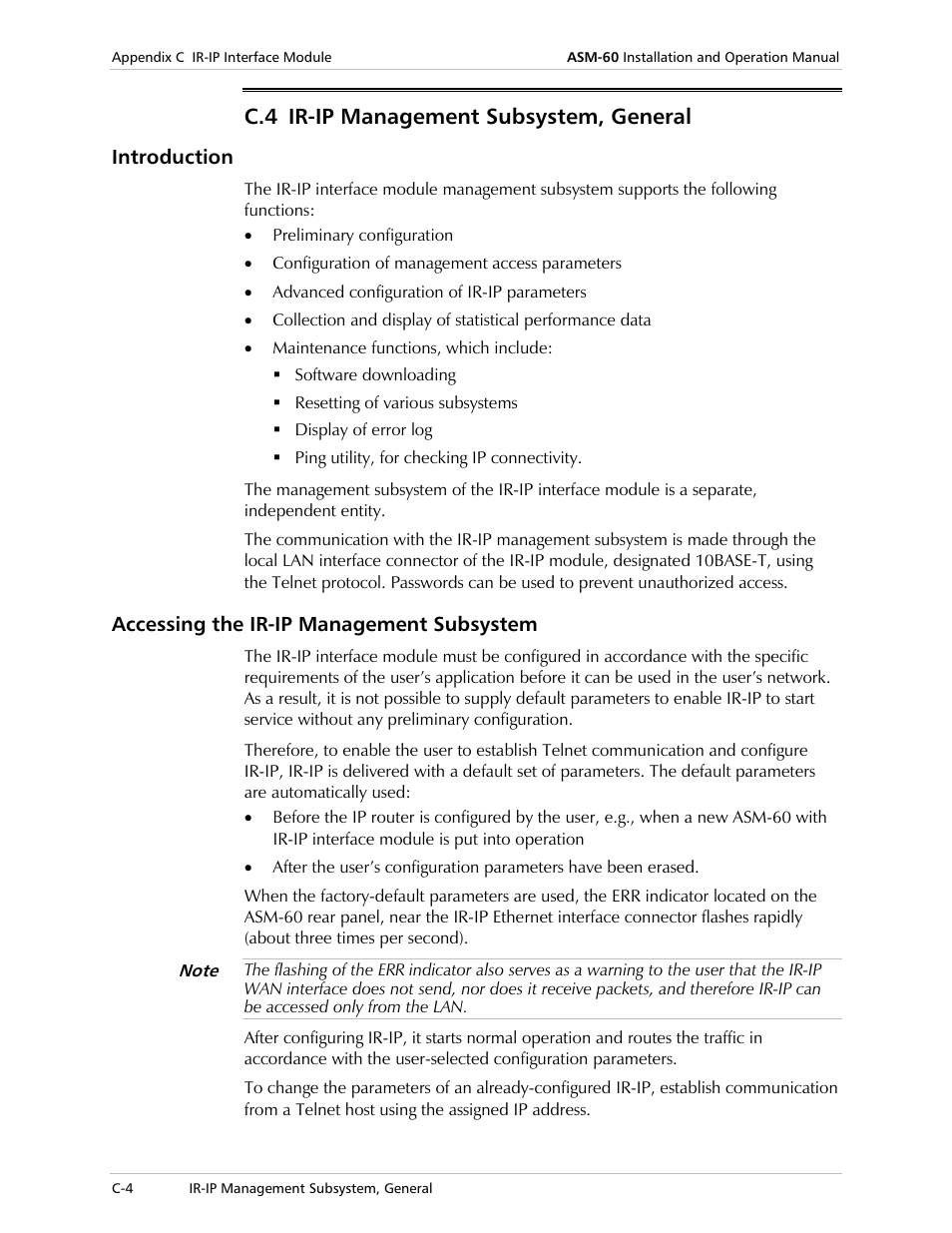 Ir-ip management subsystem, general, Introduction, Accessing the ir-ip management subsystem | C.4 ir-ip management subsystem, general | RAD Data comm 4-Wire Symmetrical VDSL Modem ASM-60 User Manual | Page 58 / 90