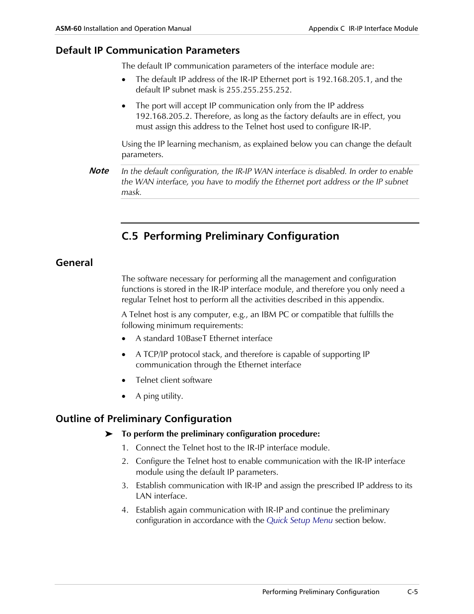 Default ip communication parameters, Performing preliminary configuration, General | Outline of preliminary configuration, C.5 performing preliminary configuration | RAD Data comm 4-Wire Symmetrical VDSL Modem ASM-60 User Manual | Page 59 / 90