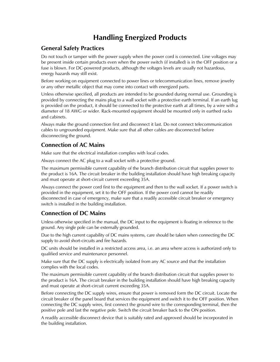 Handling energized products, General safety practices, Connection of ac mains | Connection of dc mains | RAD Data comm 4-Wire Symmetrical VDSL Modem ASM-60 User Manual | Page 6 / 90