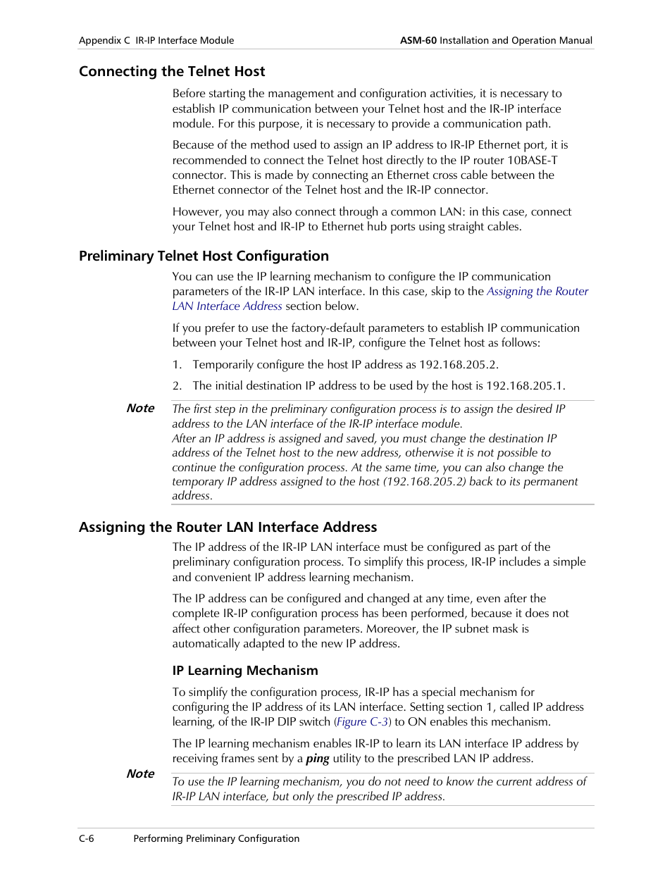 Connecting the telnet host, Preliminary telnet host configuration, Assigning the router lan interface address | Ip learning mechanism | RAD Data comm 4-Wire Symmetrical VDSL Modem ASM-60 User Manual | Page 60 / 90