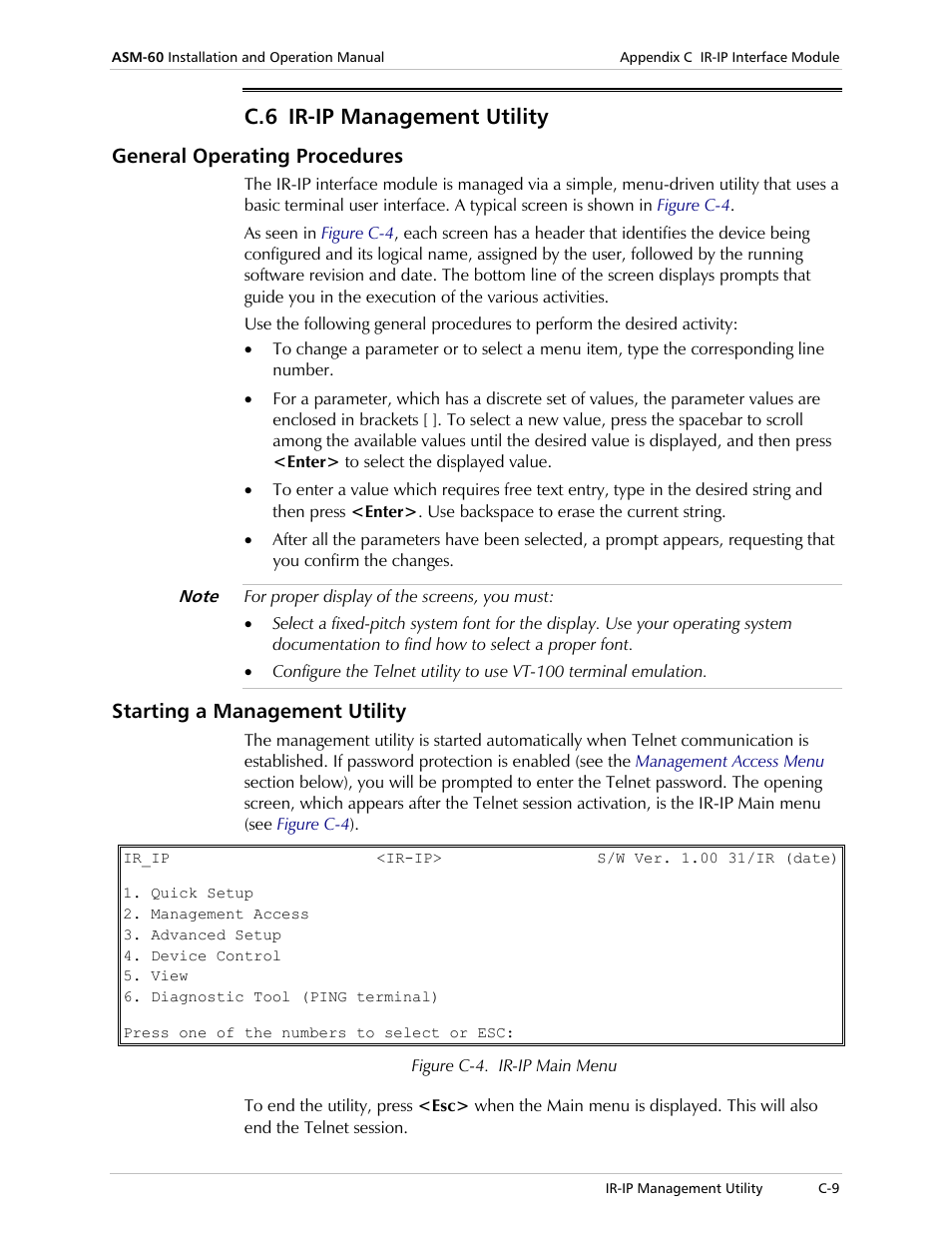 Ir-ip management utility, General operating procedures, Starting a management utility | C.6 ir-ip management utility | RAD Data comm 4-Wire Symmetrical VDSL Modem ASM-60 User Manual | Page 63 / 90