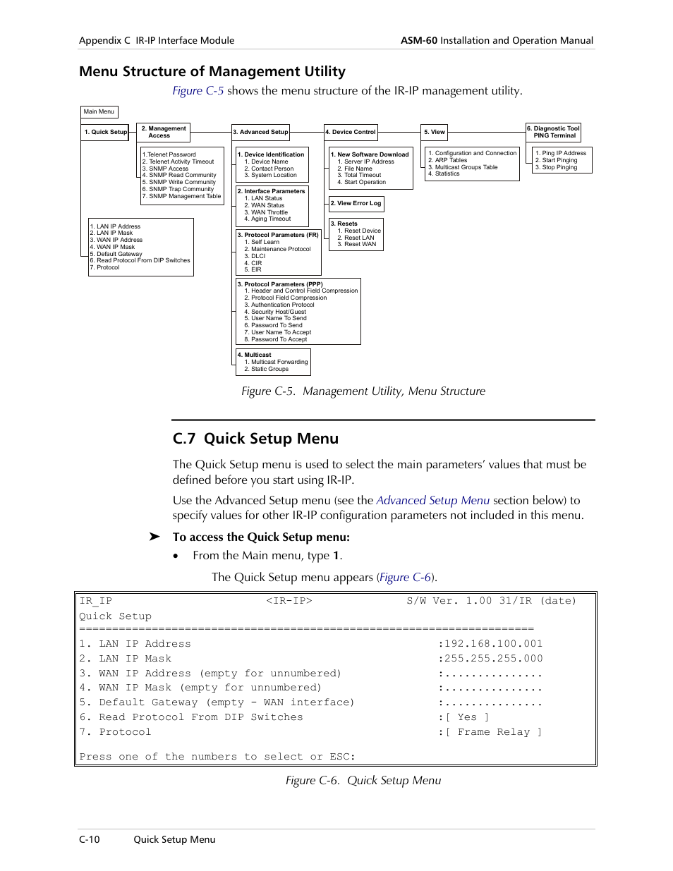 Menu structure of management utility, Quick setup menu, Section | C.7 quick setup menu, Figure c-5. management utility, menu structure, Figure c-6. quick setup menu | RAD Data comm 4-Wire Symmetrical VDSL Modem ASM-60 User Manual | Page 64 / 90