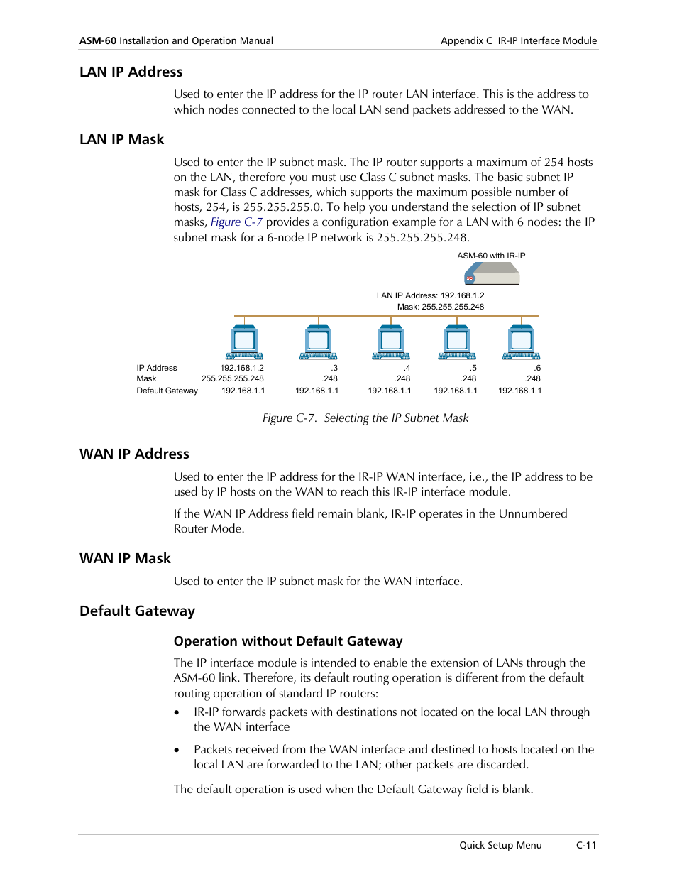 Lan ip address, Lan ip mask, Wan ip address | Wan ip mask, Default gateway, Operation without default gateway | RAD Data comm 4-Wire Symmetrical VDSL Modem ASM-60 User Manual | Page 65 / 90