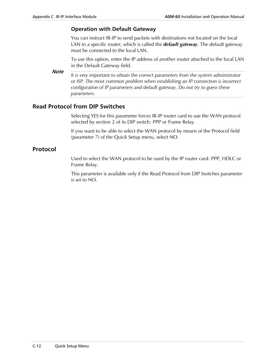 Operation with default gateway, Read protocol from dip switches, Protocol | RAD Data comm 4-Wire Symmetrical VDSL Modem ASM-60 User Manual | Page 66 / 90