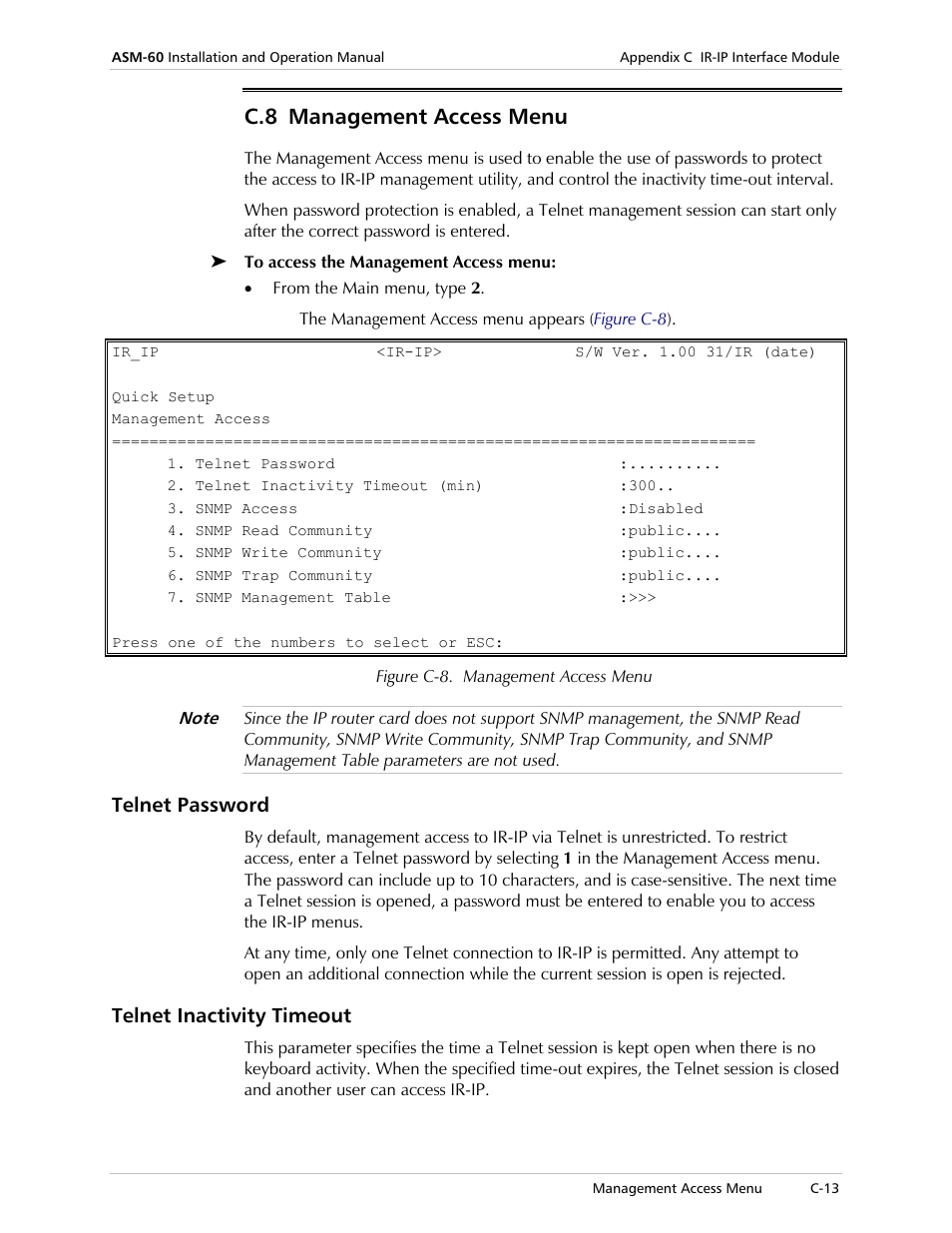 Management access menu, Telnet password, Telnet inactivity timeout | C.8 management access menu | RAD Data comm 4-Wire Symmetrical VDSL Modem ASM-60 User Manual | Page 67 / 90