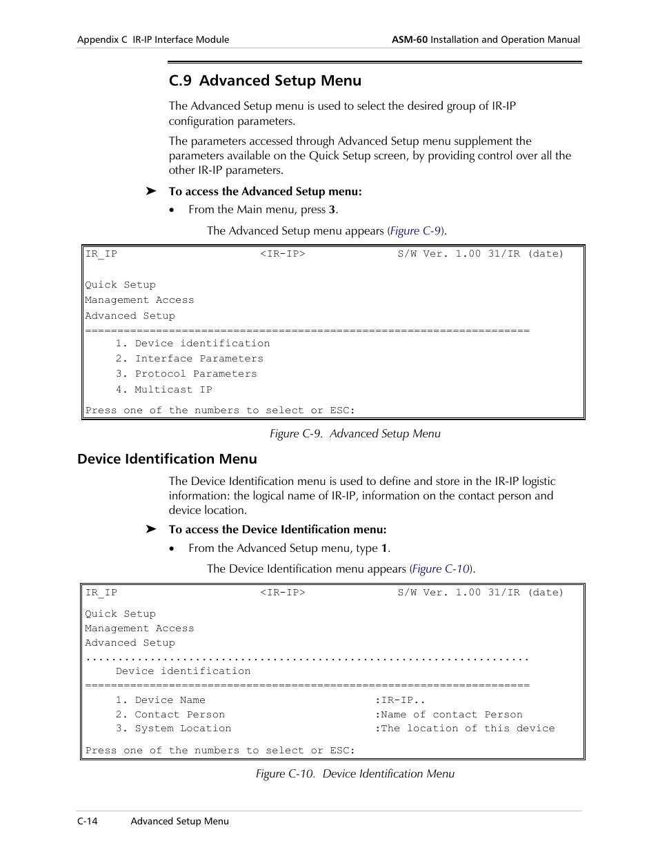 Advanced setup menu, Device identification menu, C.9 advanced setup menu | RAD Data comm 4-Wire Symmetrical VDSL Modem ASM-60 User Manual | Page 68 / 90