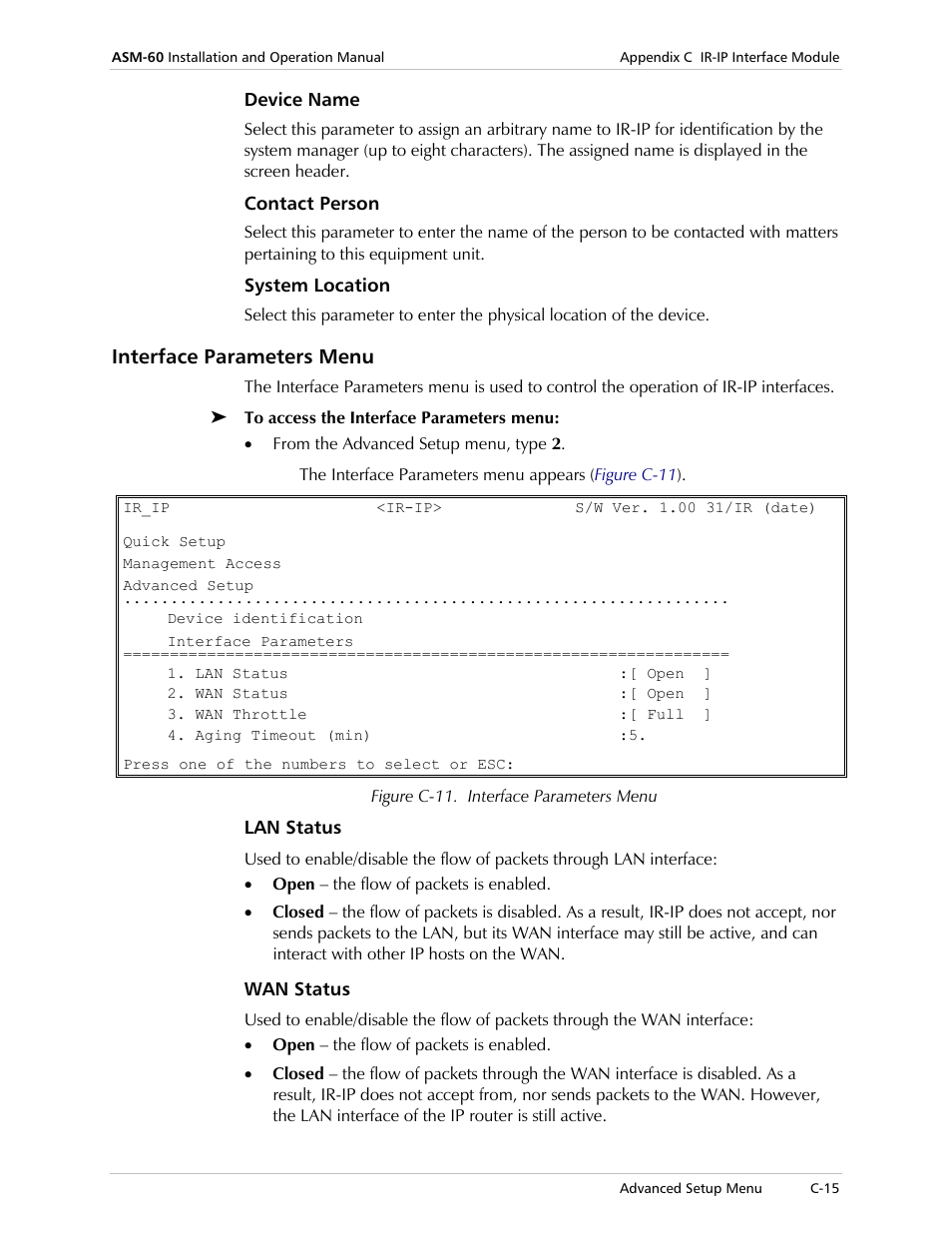 Device name, Contact person, System location | Interface parameters menu, Lan status, Wan status | RAD Data comm 4-Wire Symmetrical VDSL Modem ASM-60 User Manual | Page 69 / 90