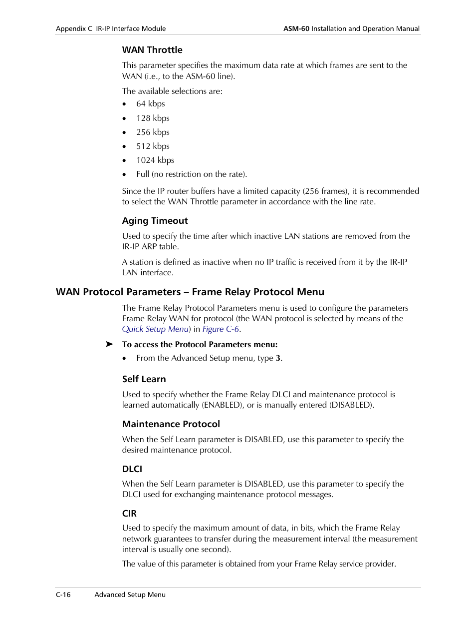 Wan throttle, Aging timeout, Wan protocol parameters – frame relay protocol me | Self learn, Maintenance protocol, Dlci | RAD Data comm 4-Wire Symmetrical VDSL Modem ASM-60 User Manual | Page 70 / 90