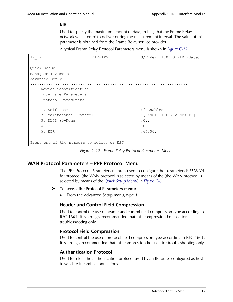 Wan protocol parameters – ppp protocol menu, Header and control field compression, Protocol field compression | Authentication protocol | RAD Data comm 4-Wire Symmetrical VDSL Modem ASM-60 User Manual | Page 71 / 90