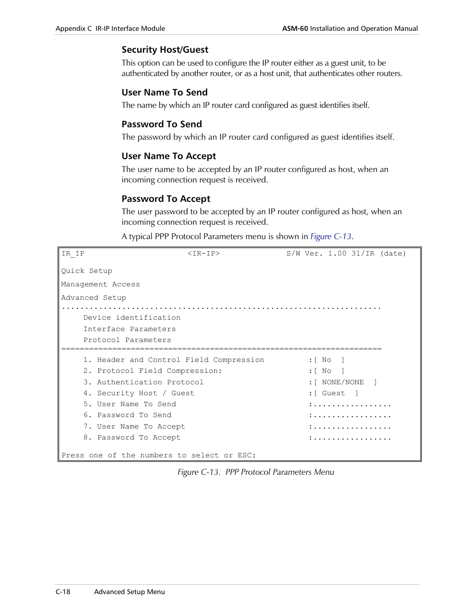 Security host/guest, User name to send, Password to send | User name to accept, Password to accept | RAD Data comm 4-Wire Symmetrical VDSL Modem ASM-60 User Manual | Page 72 / 90