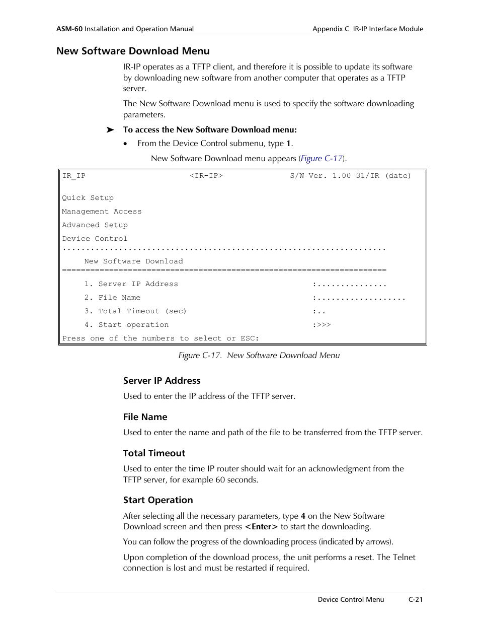 New software download menu, Server ip address, File name | Total timeout, Start operation, Section | RAD Data comm 4-Wire Symmetrical VDSL Modem ASM-60 User Manual | Page 75 / 90