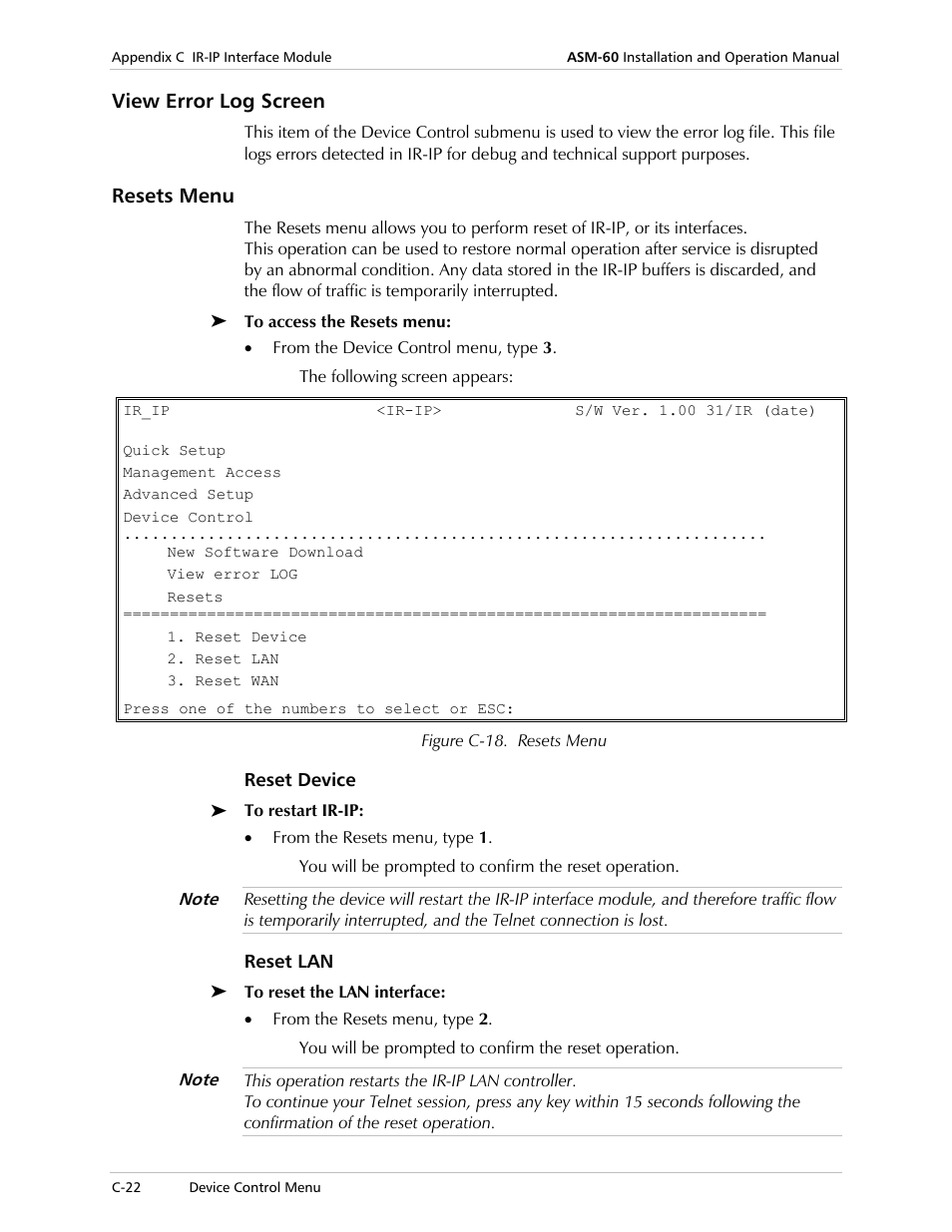 View error log screen, Resets menu, Reset device | Reset lan | RAD Data comm 4-Wire Symmetrical VDSL Modem ASM-60 User Manual | Page 76 / 90